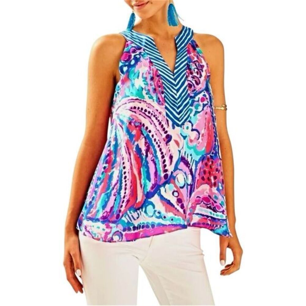 Lilly Pulitzer Achelle Top Colony Coral Shell Out Blue Pink Sleeveless Small